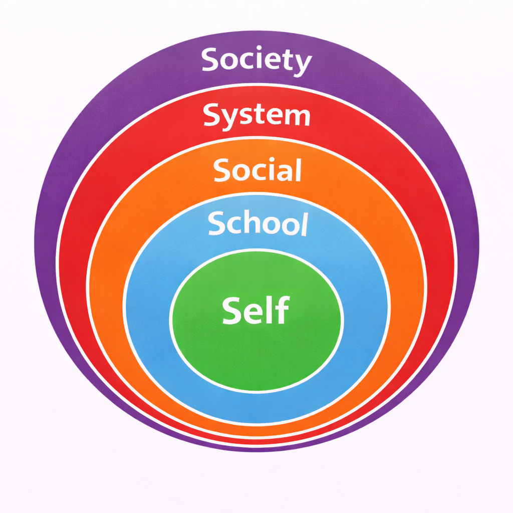 A diagram of the 5 S's model. This includes from the middle working outwards: Self on a green background, School on a blue background, Social on an orange background, System on a red background and Society on a purple background